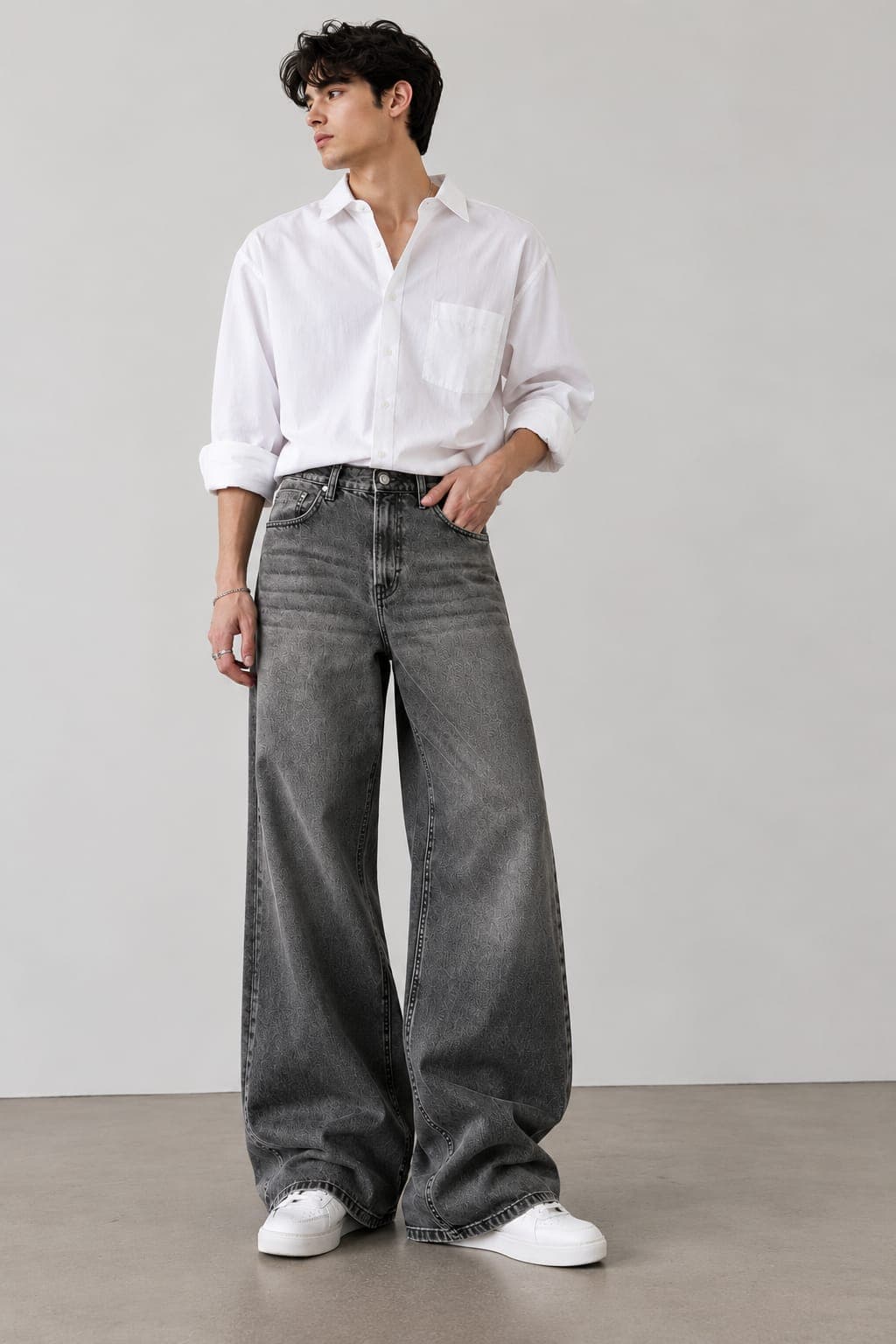 Charcoal Monogram Wide-Leg Jeans