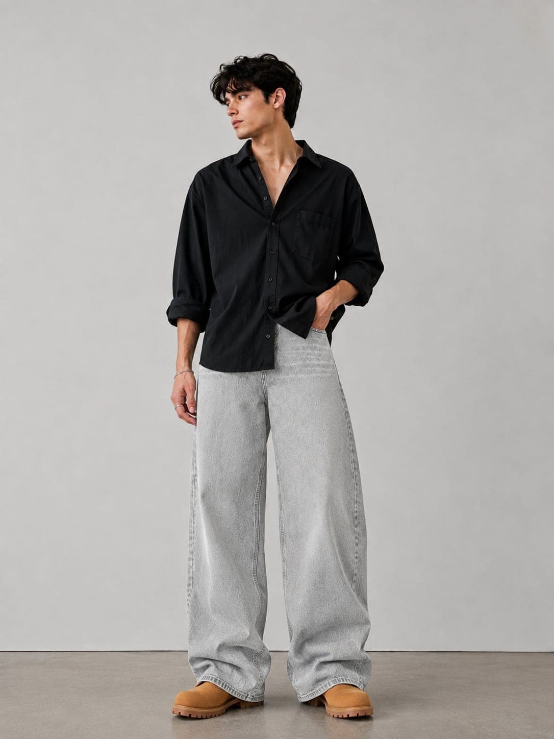 Pale Grey Monogram Wide-Leg Jeans