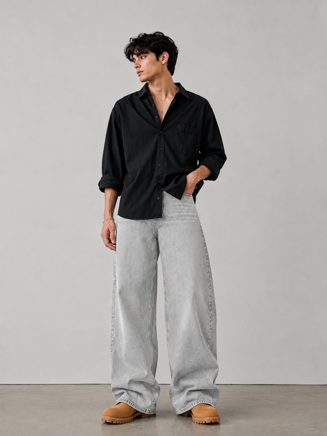 Pale Grey Monogram Wide-Leg Jeans