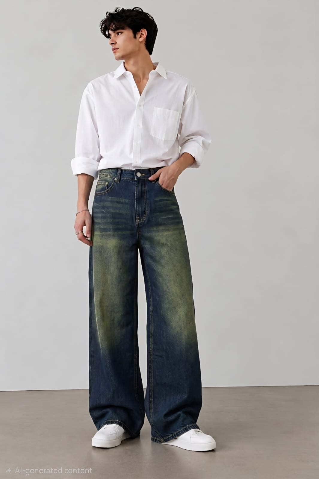 Look 02 — tinted indigo wide-leg jeans